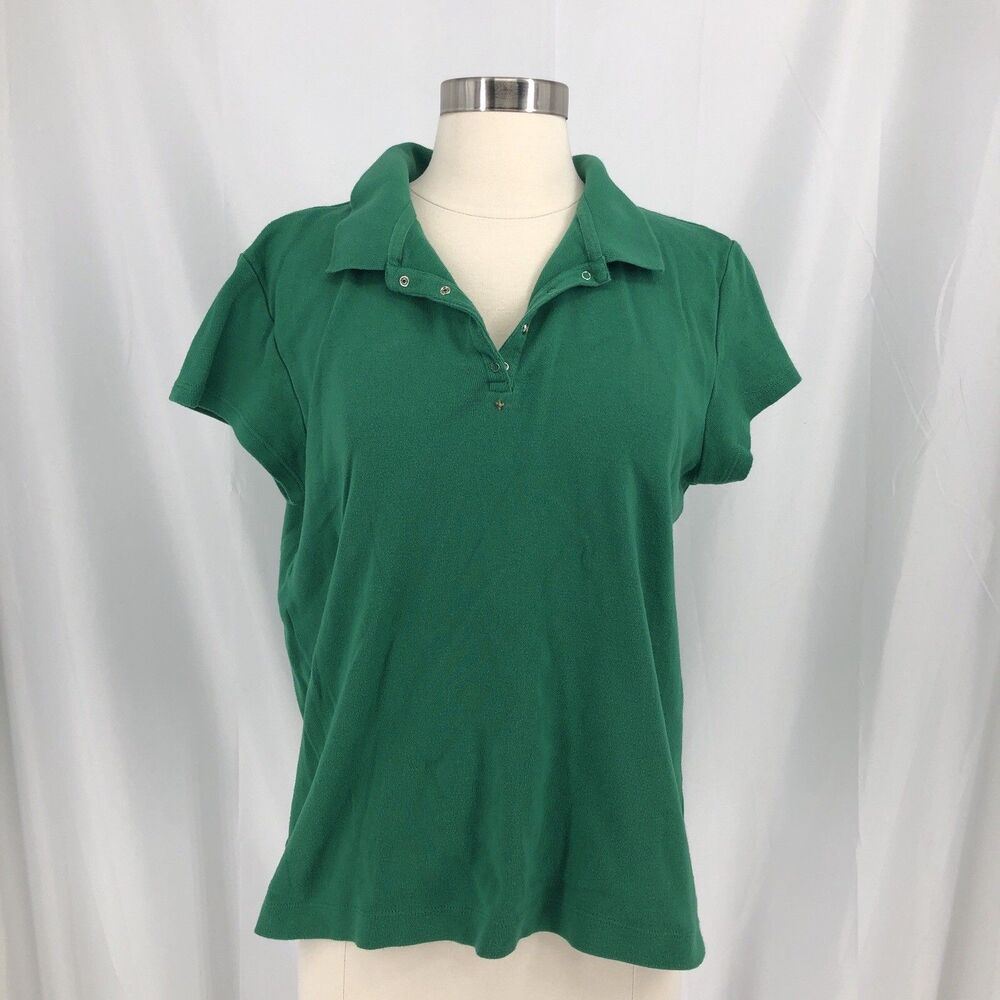 Chico's Green SS V-Neck Snap Collar Polo Cotton Blend Knit Size 3